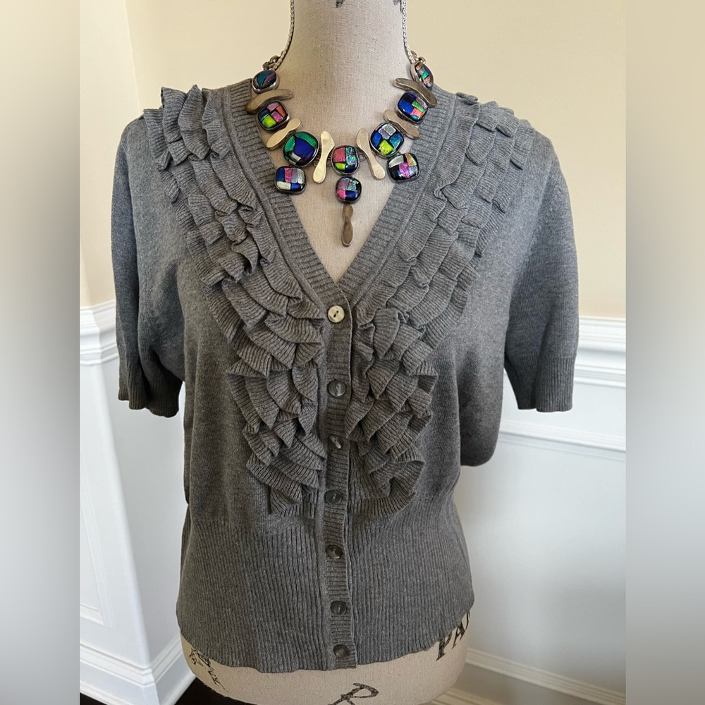 Worthington-Ruffled Collar-V-Neck, Elbow Sleeve Grey Cropped Cardigan Sweater.